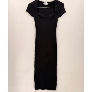 Princess Polly Black Ribbed Knit Sweetheart Neck Short‎ Sleeve Midi Dress XS/S